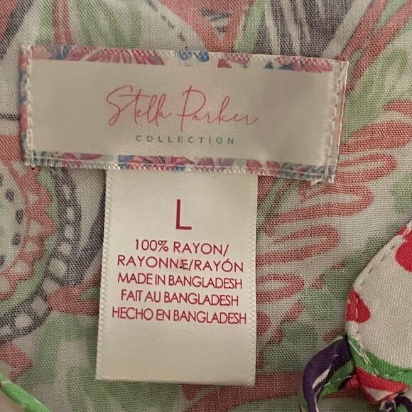 Stella Parker Collection Floral Tiered Tassel Dress Pink Green Navy Rayon Size L - Picture 5 of 6